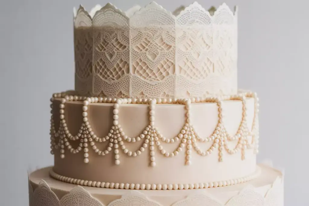 Fondant tiered cake with intricate edible lace and pearl accents