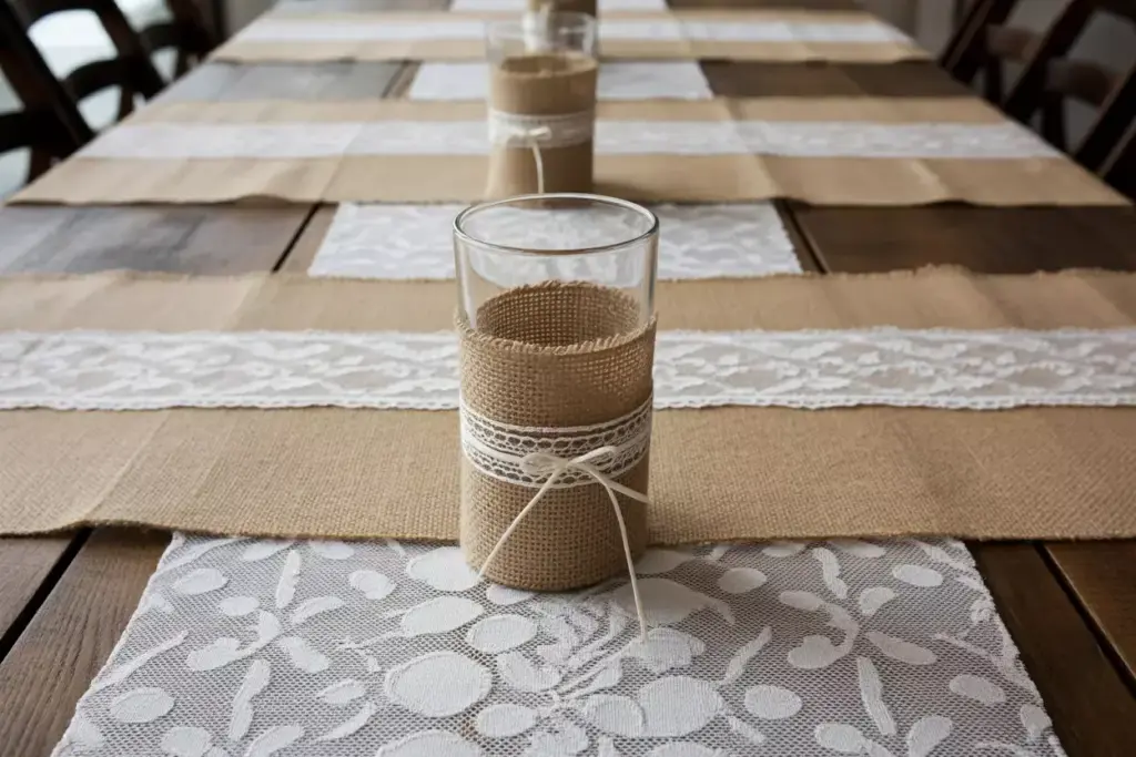 Burlap table runner lace overlay glass jar wraps