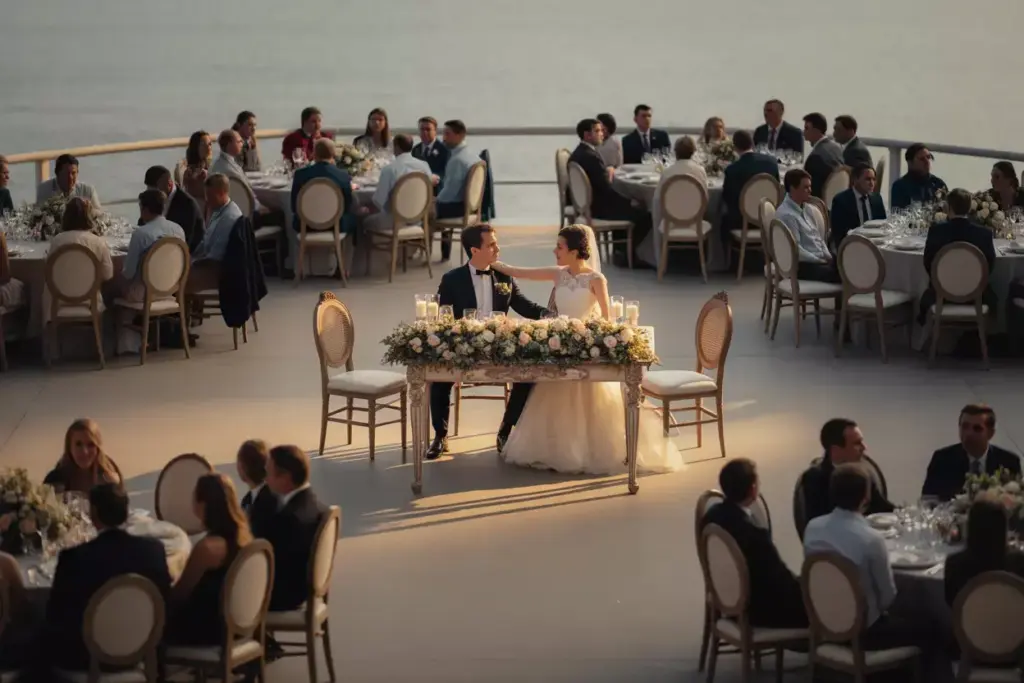 Elevated sweetheart table semicircle guest tables romantic focus