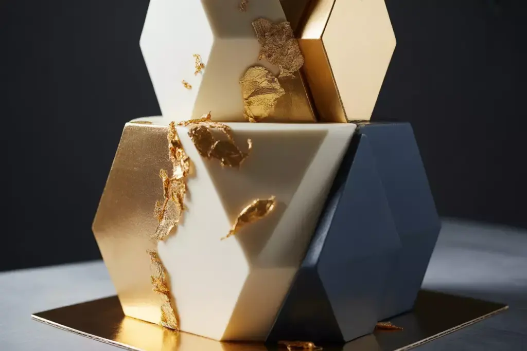 Modern hexagonal tiered cake with edible gold leaf accents