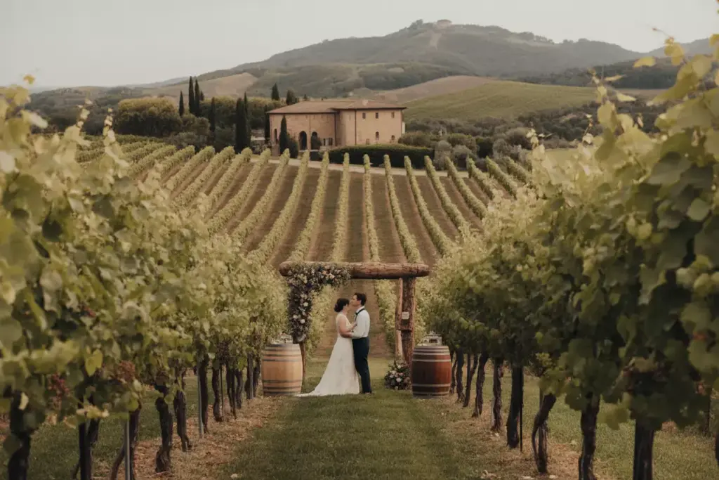 Rustic wedding ceremony among grapevines at tuscan vineyard