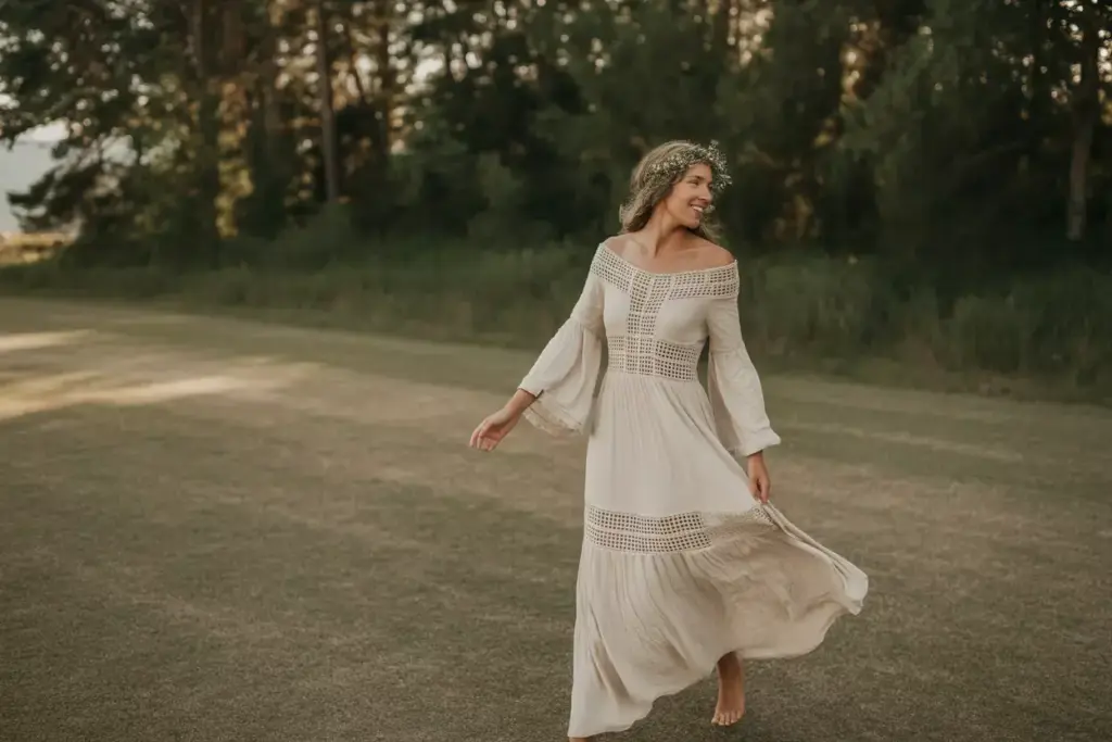 The bohemian beauty bride in meadow golden hour