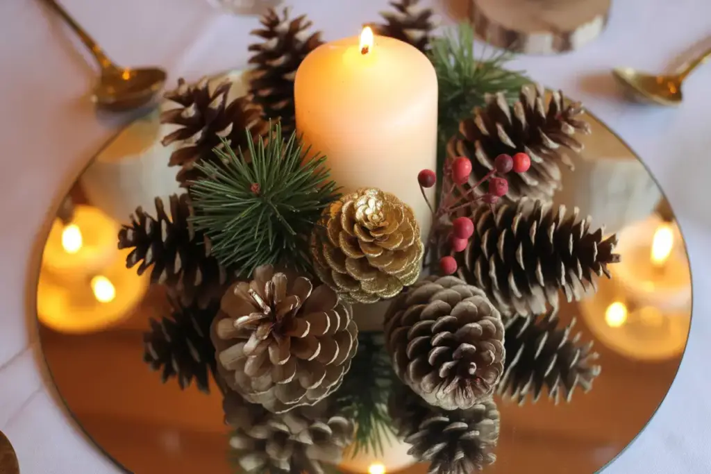Pinecone cluster pillar candle evergreen berries mirror