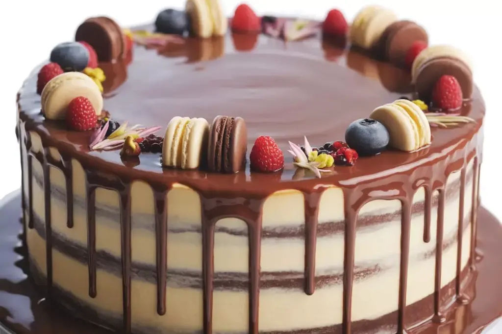 Tall layer cake with glossy ganache drips and berry toppings
