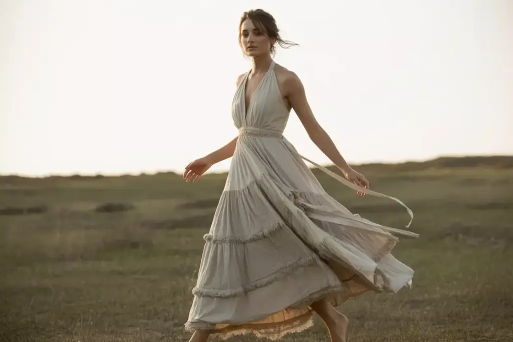 The bohemian halter with tiered flowing layers in motion