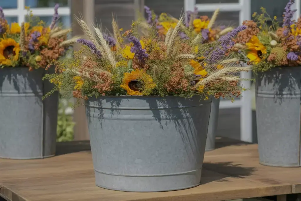 Galvanized metal bucket sunflowers wheat stalks statice