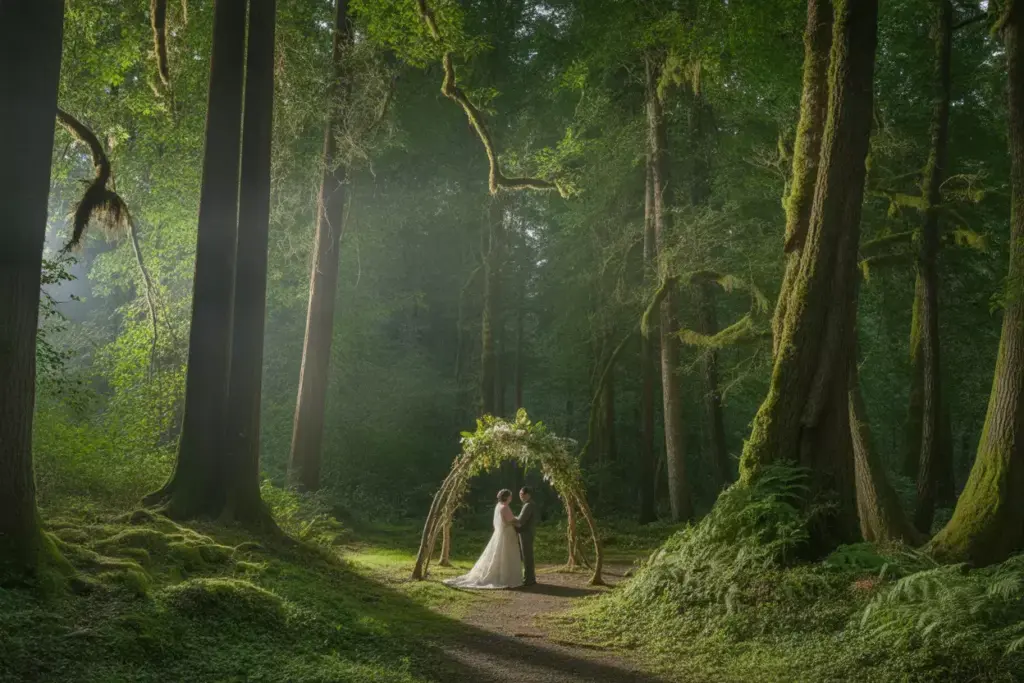 Intimate wedding in sun dappled clearing of towering forest