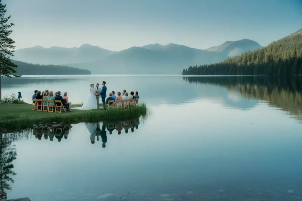 Serene lakeside wedding ceremony with perfect mountain reflection