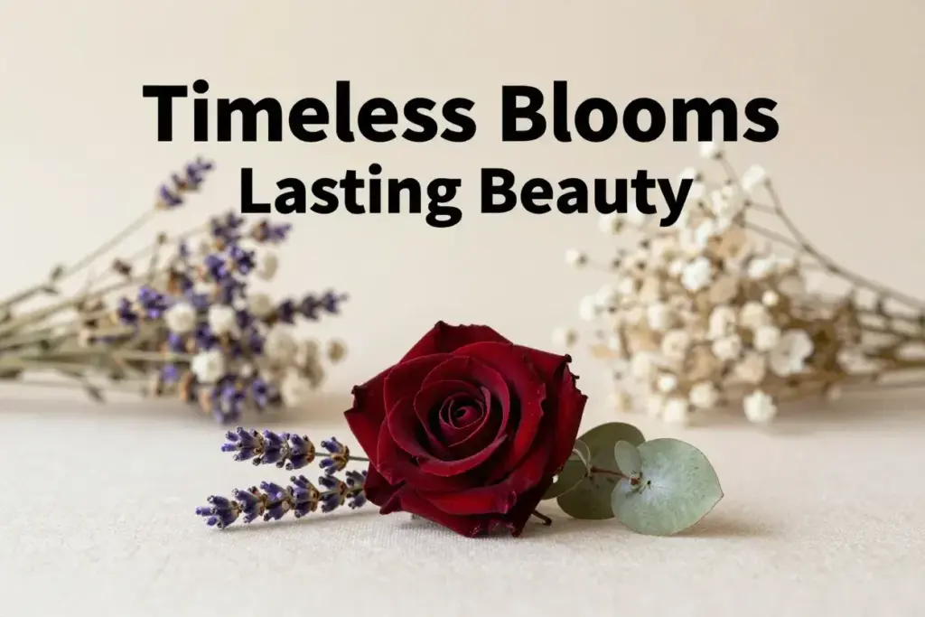 Centerpiece of preserved rose lavender eucalyptus on neutral linen