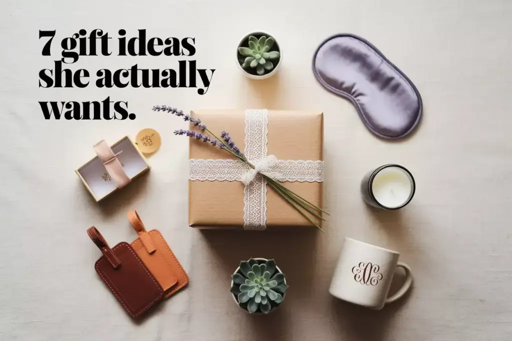 Curated modern bridal shower gifts on linen flat lay