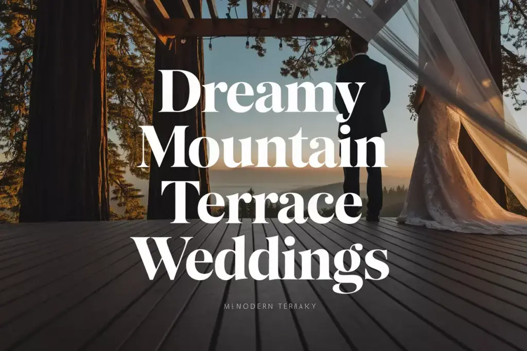 Low angle wide shot of wedding on terrace with redwoods and distant mountain view