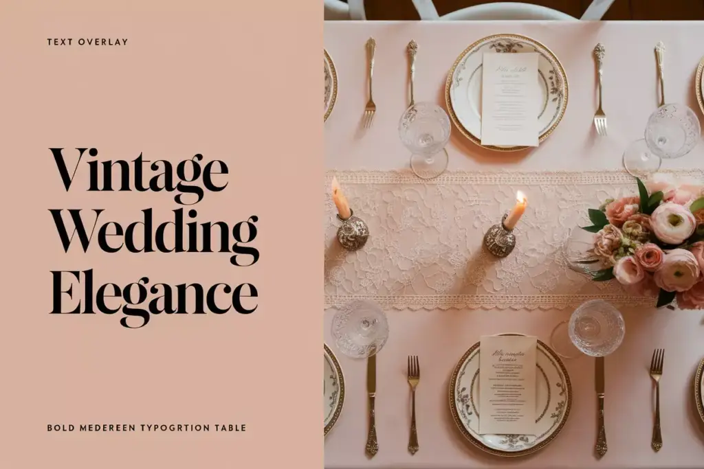 Overhead view of vintage wedding table with lace china and candles