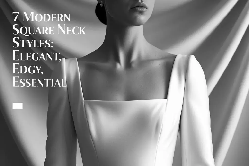 Straight on portrait of modern bride in structured square neck wedding dress