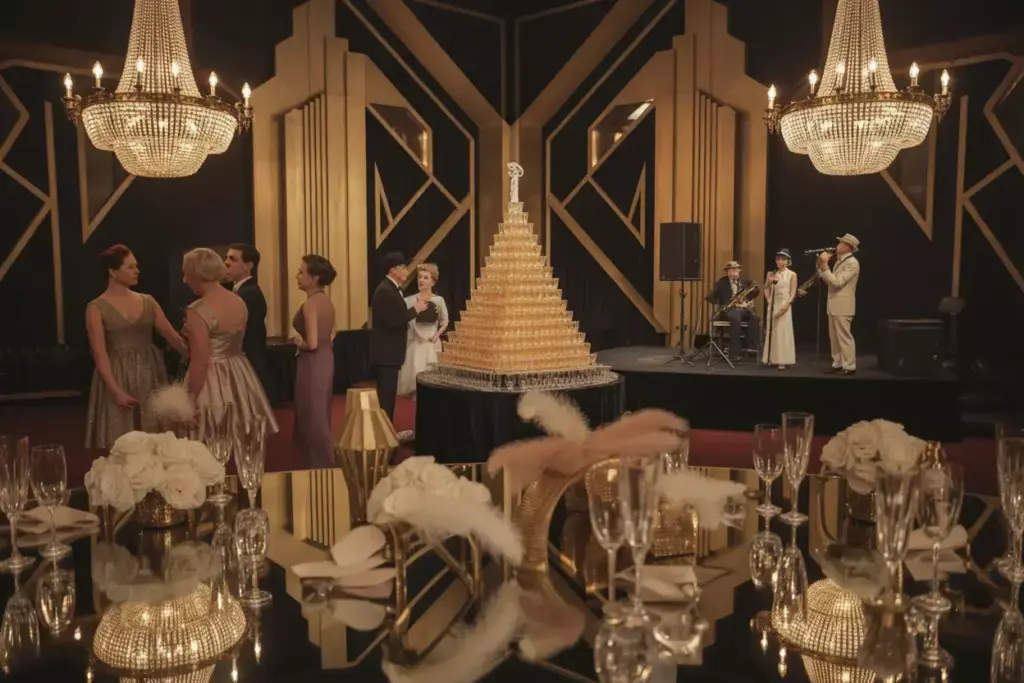 Art deco glamour wedding reception in historic venue with champagne tower