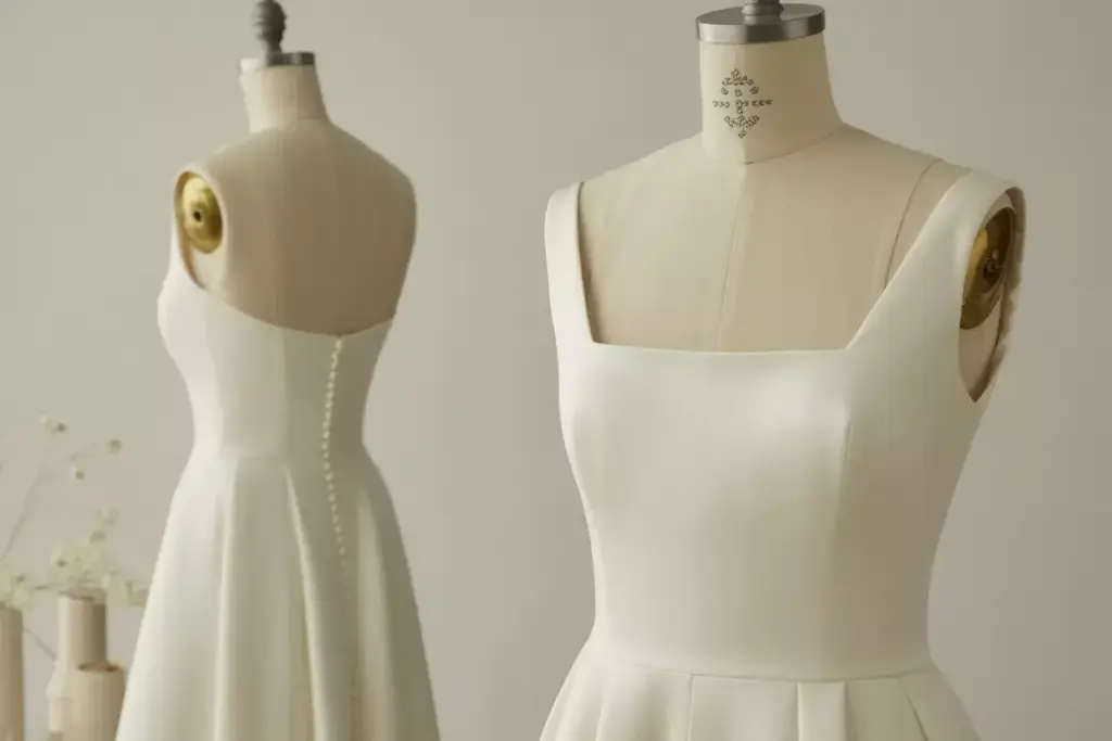 Minimalist square neck silk crepe wedding dress clean lines covered buttons