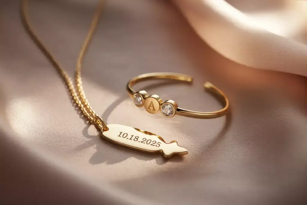 Personalized gold necklace with engraved wedding date pendant close up