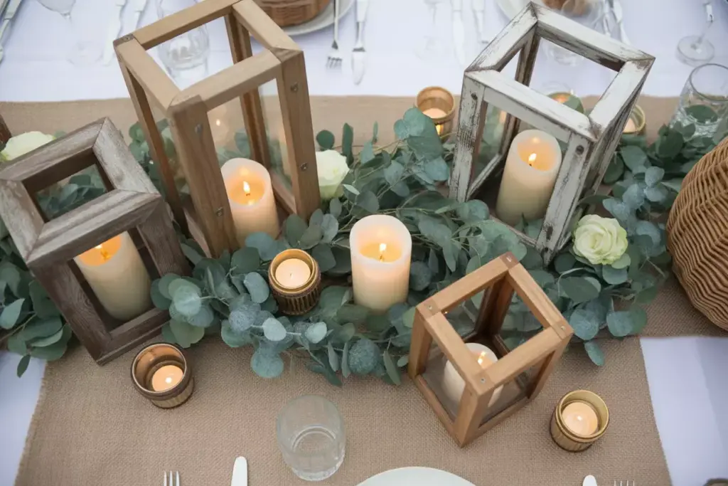 Rustic wooden lanterns with eucalyptus garlands and led candles