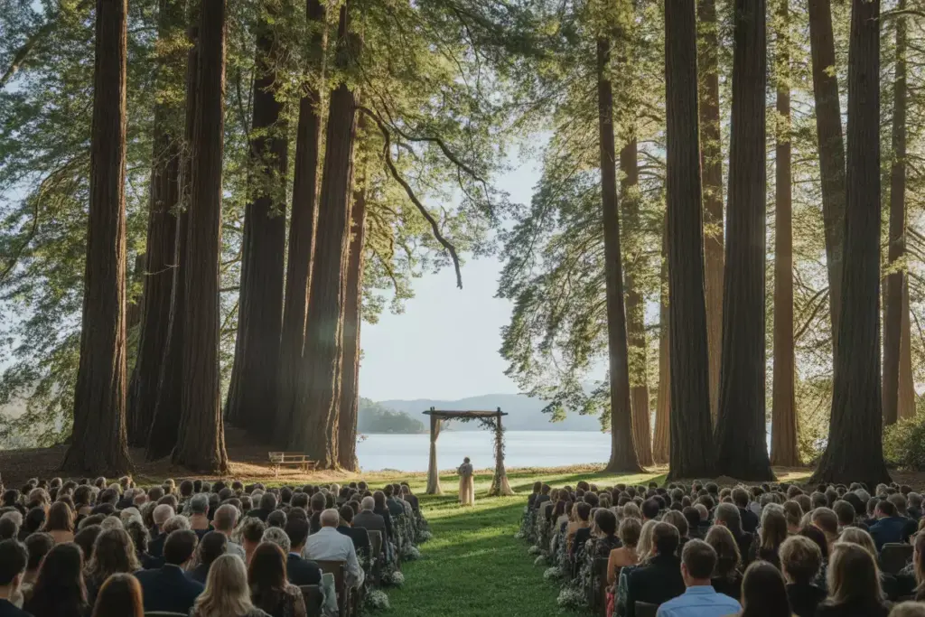 Wider angle photograph of redwood forest meadow aisle leading to ceremony arbor