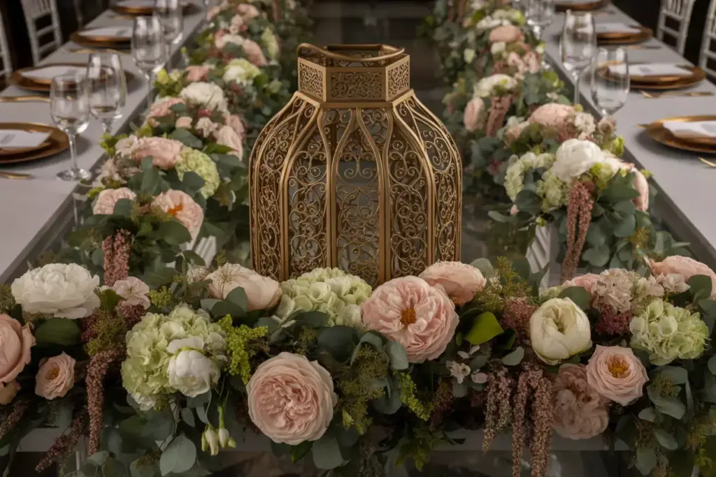 Elegant metal lantern with cascading peonies and greenery