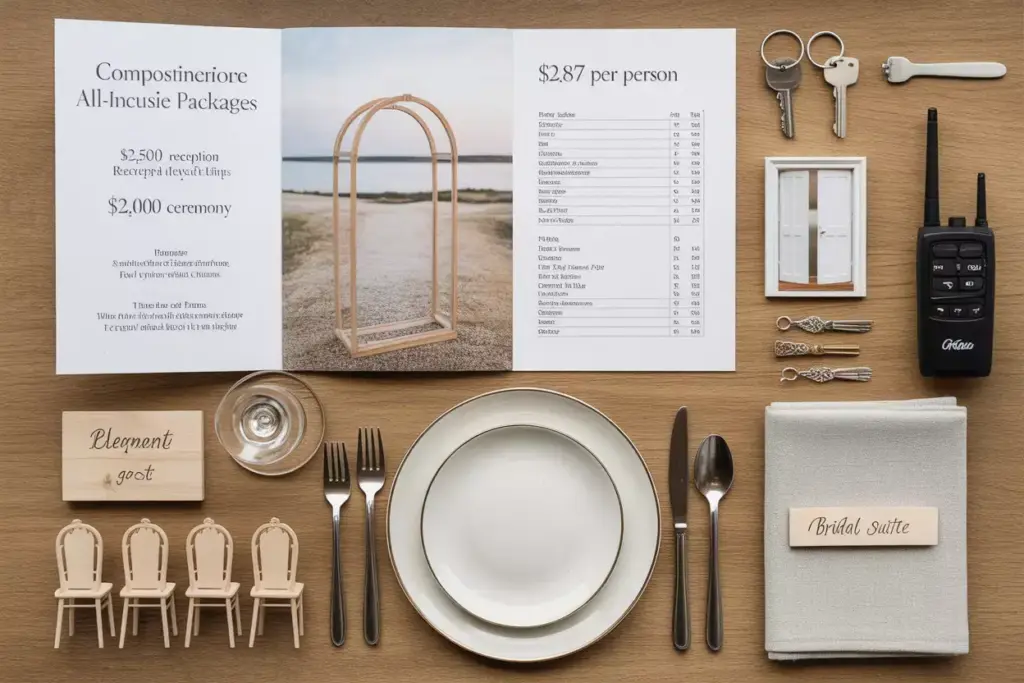Flat lay of wedding brochure budget sheet and all inclusive venue items