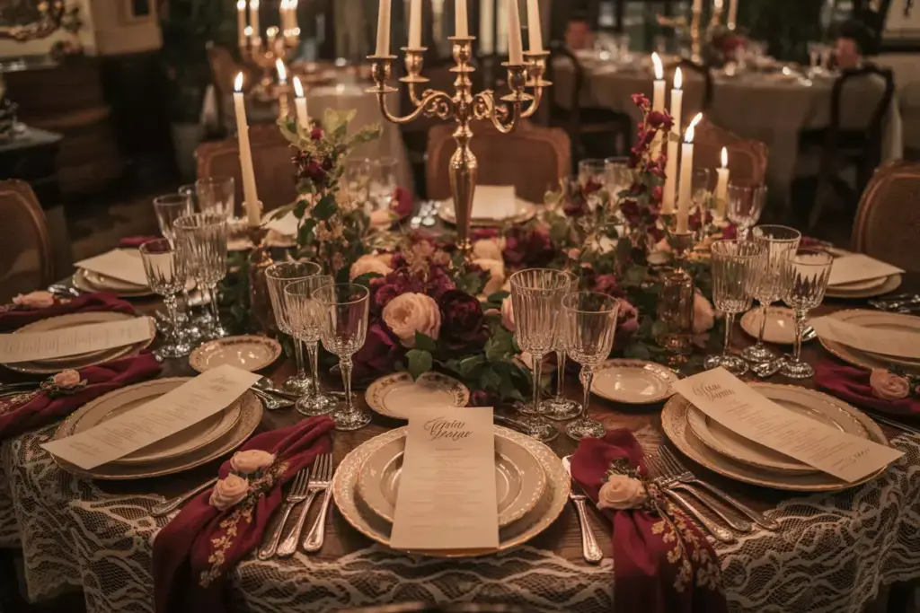 Victorian romance dinner table with lace candelabras and flowers