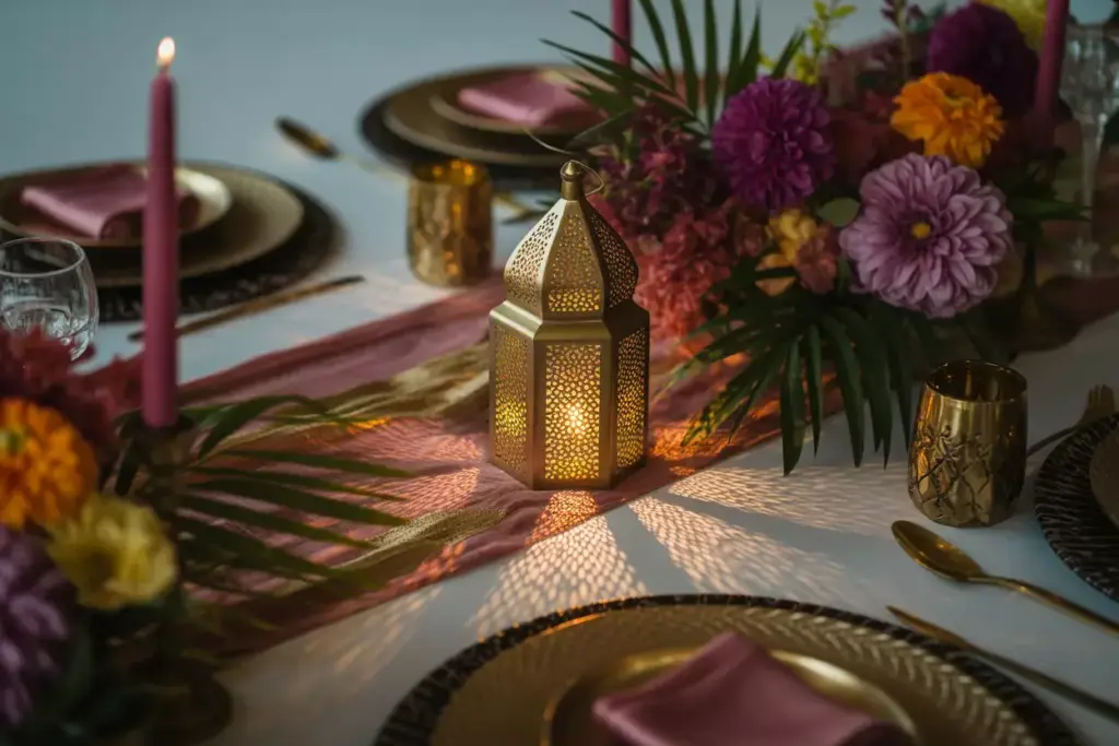 Moroccan brass lantern with jewel tone flowers and silk runner