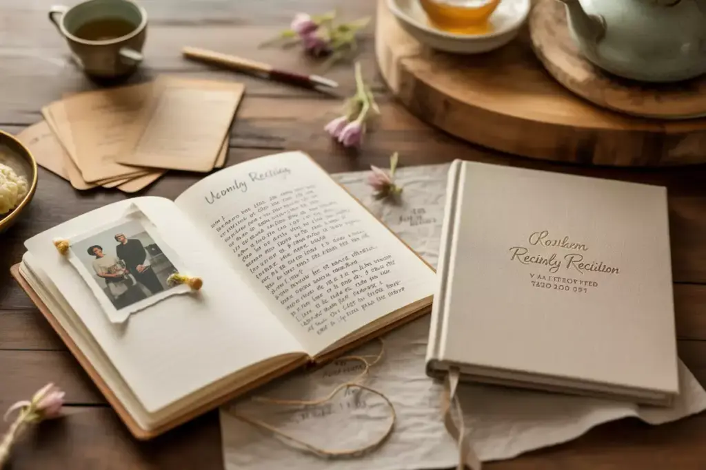 Open custom recipe book with handwriting and family photo