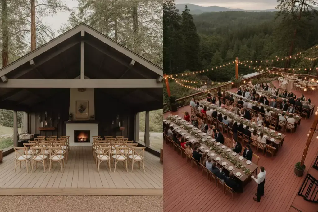 Split image showing intimate lodge ceremony and grand deck reception setup