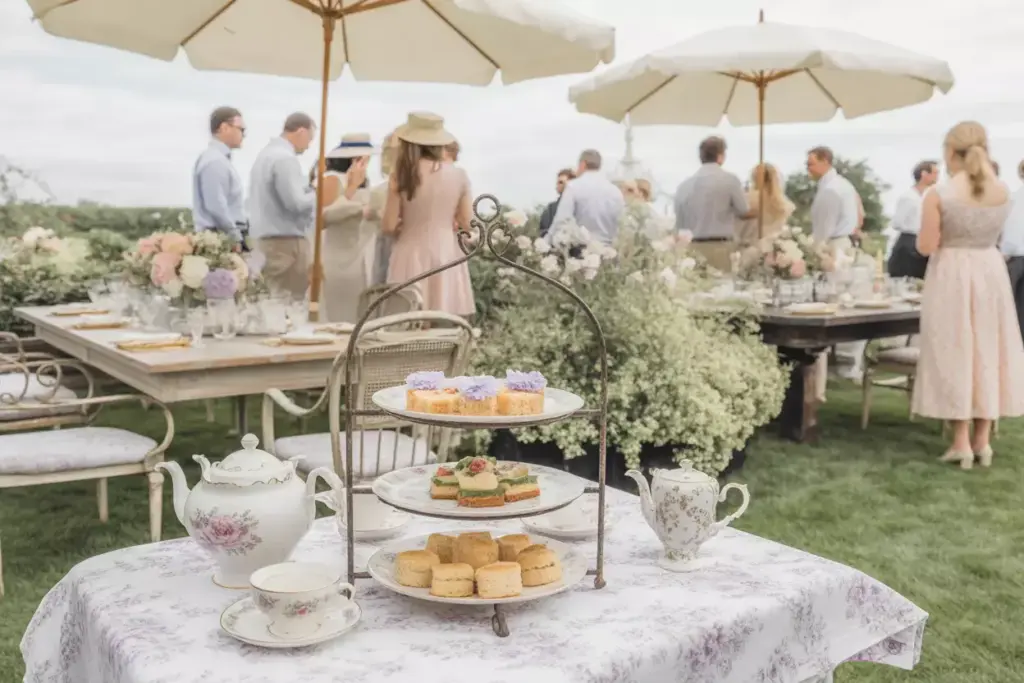 Elegant garden party with tea service and vintage furniture