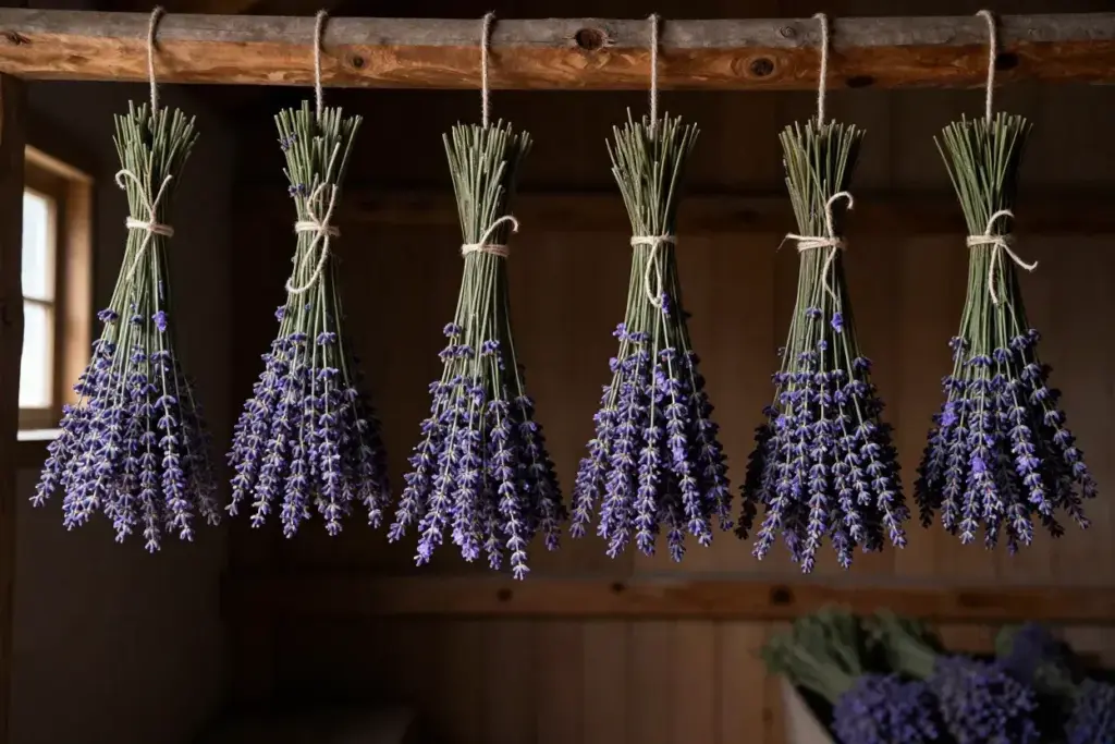 Lavender bundles hanging dry preservation rustic wooden rack