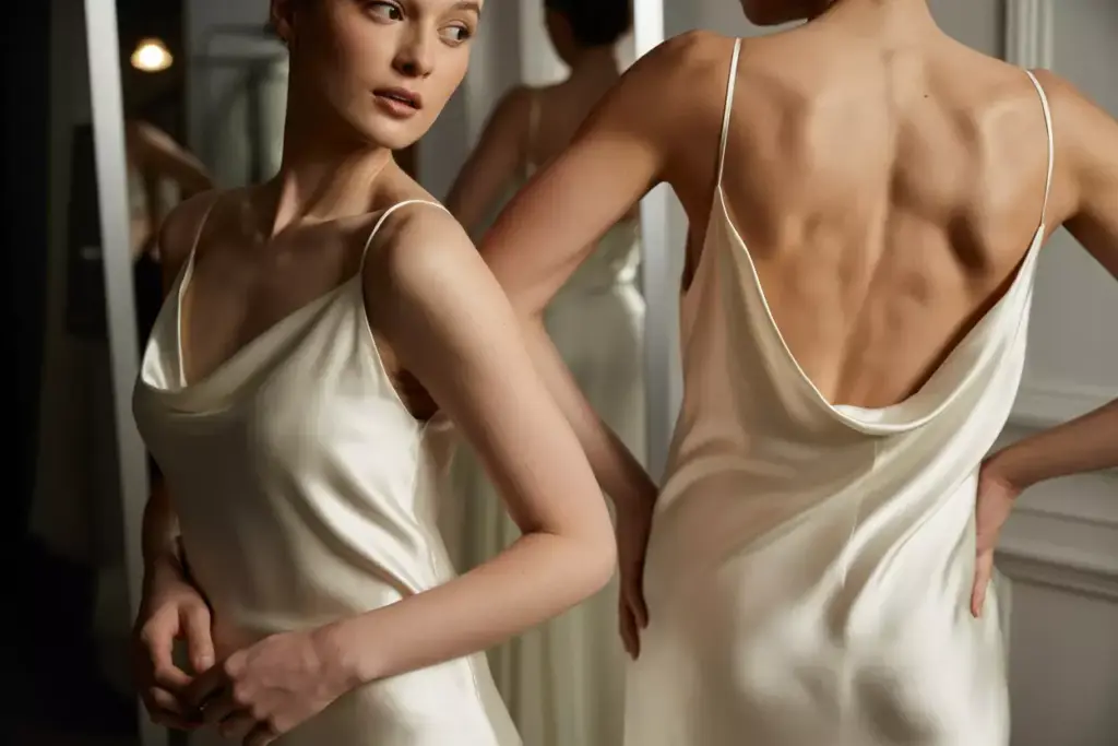 Silk slip dress bias cut drape open back detail