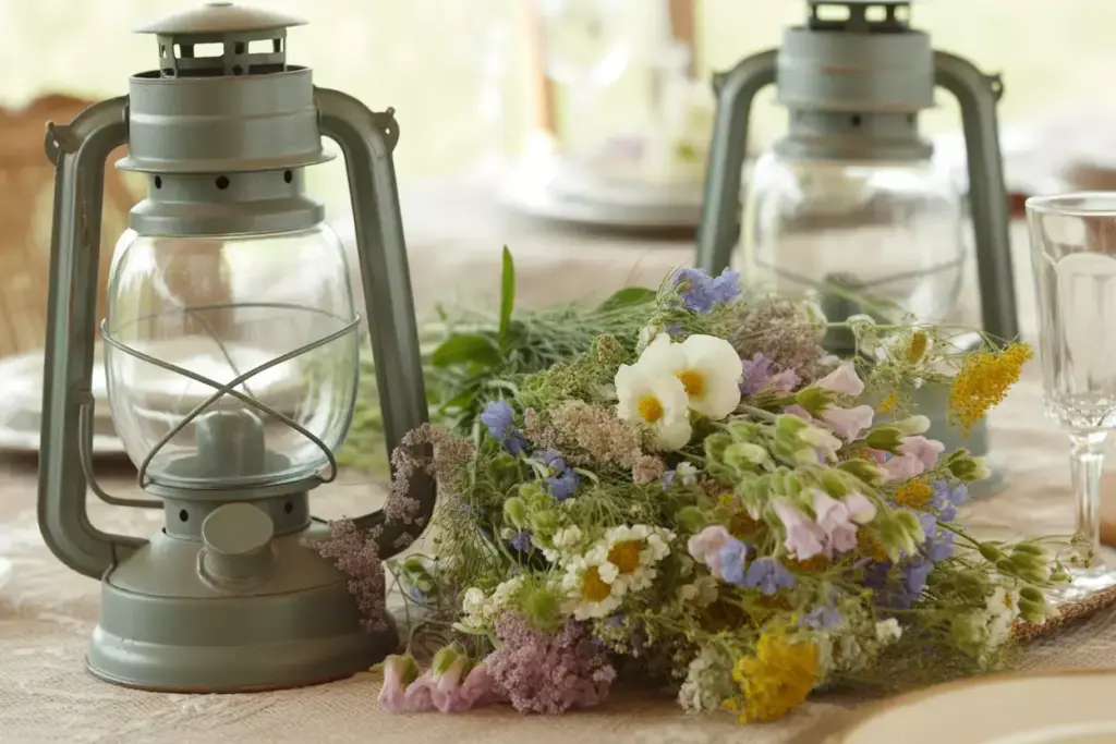 Vintage glass lantern surrounded by loose wildflower bouquet