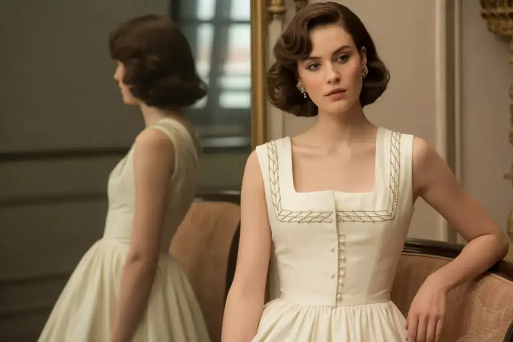 Vintage inspired square neck wedding dress 1950s silhouette champagne color