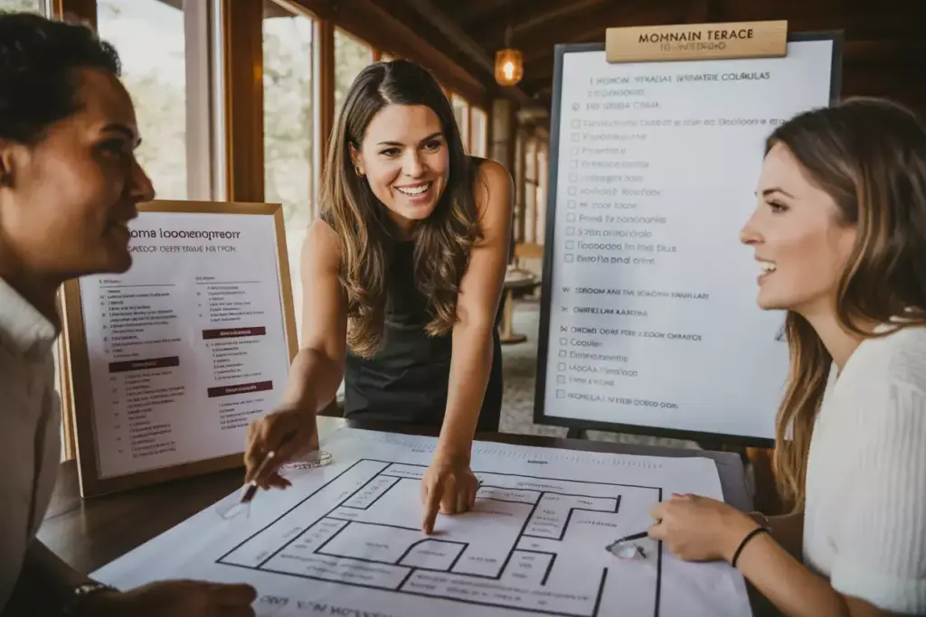 Wedding coordinator and couple reviewing floor plan during venue meeting