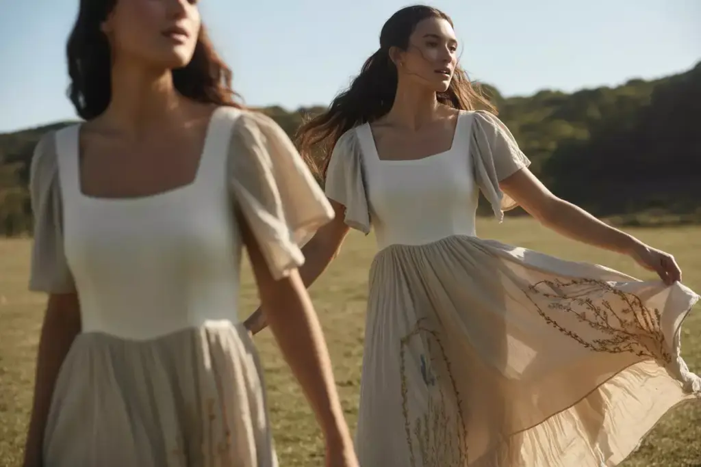 Bohemian square neck wedding dress flowing chiffon meadow sunset