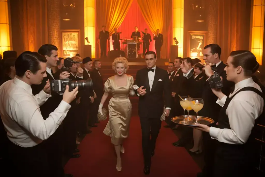 Hollywood golden age red carpet entrance with dramatic lighting