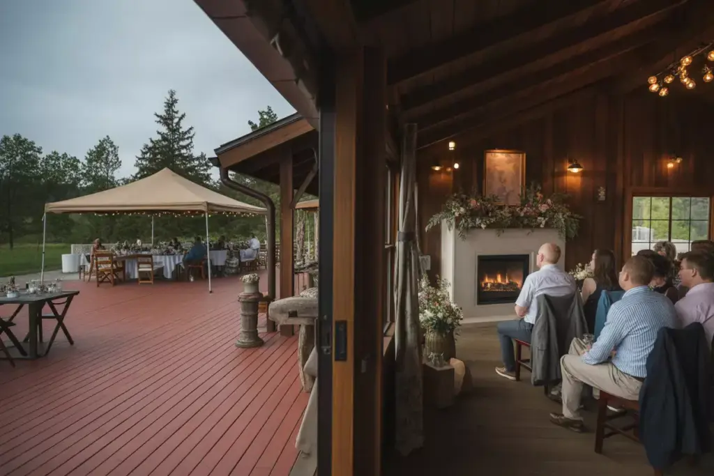 Indoor lodge ceremony with covered outdoor deck backup visible through window