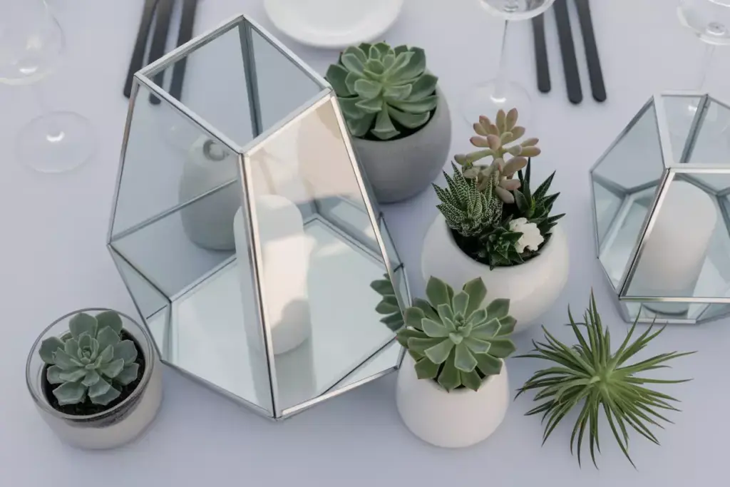 Modern geometric lantern with architectural succulent arrangement
