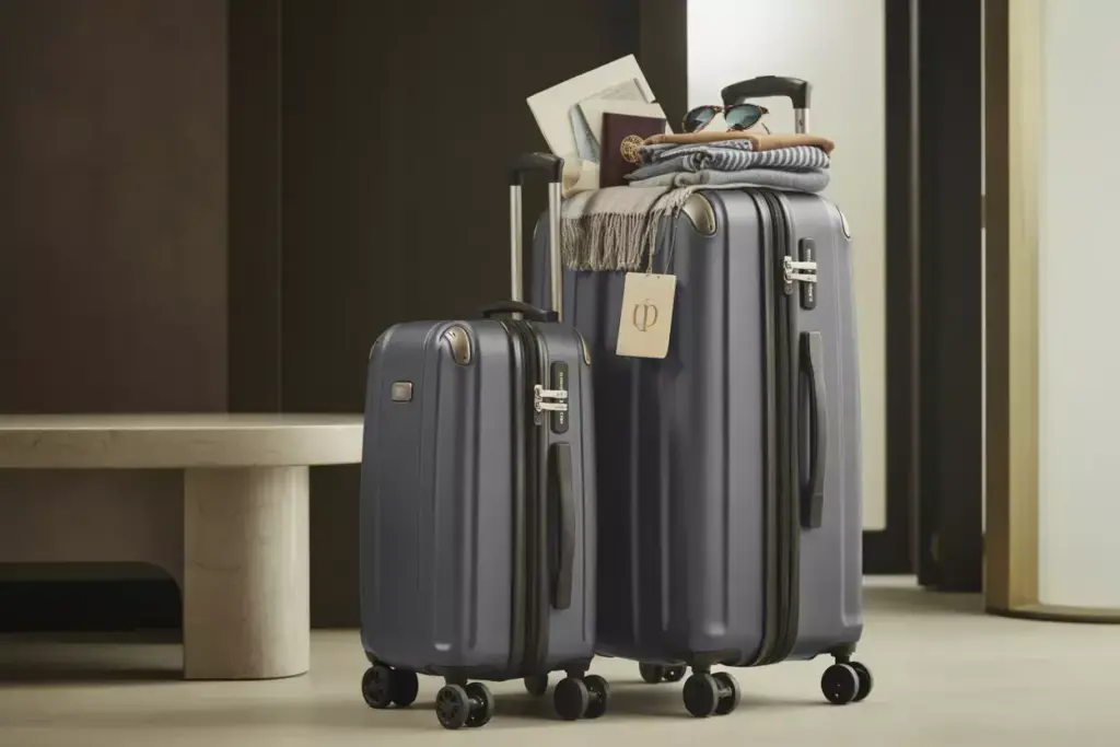 Premium hard shell luggage set packed for honeymoon travel