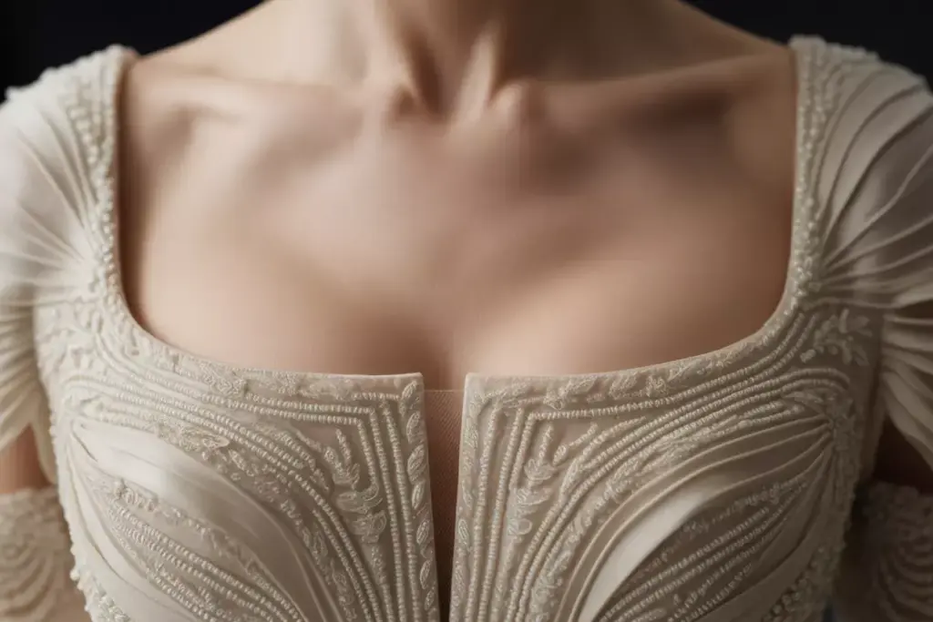 Couture square neck wedding dress detail hand beaded lace embroidery