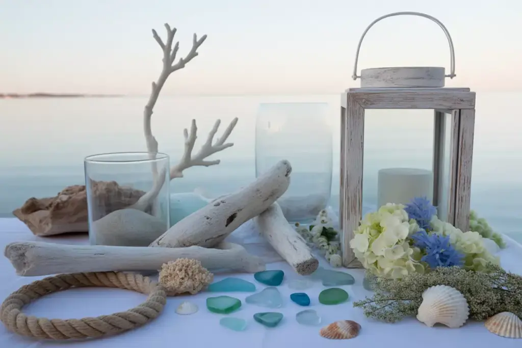 Weathered lantern with driftwood sea glass and coastal flowers