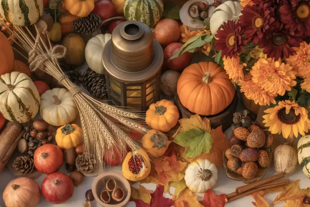 Copper lantern among autumn pumpkins gourds and harvest flowers