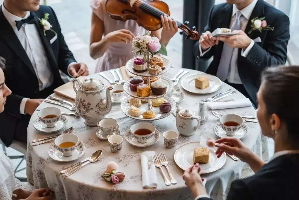 Intimate vintage tea party table with tiered stands and china