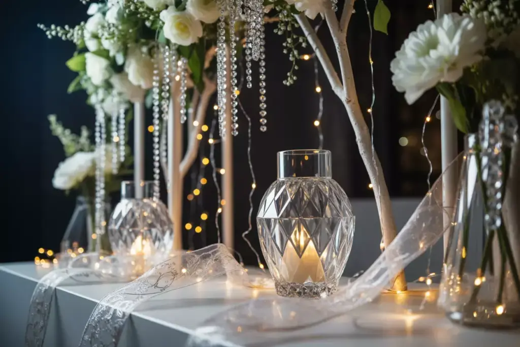 Crystal lantern with cascading fairy lights and delicate white flowers
