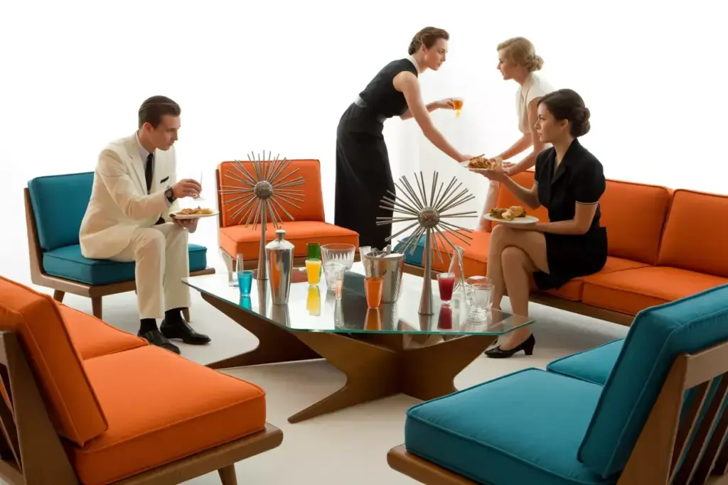 Mid century modern cocktail lounge with geometric patterns