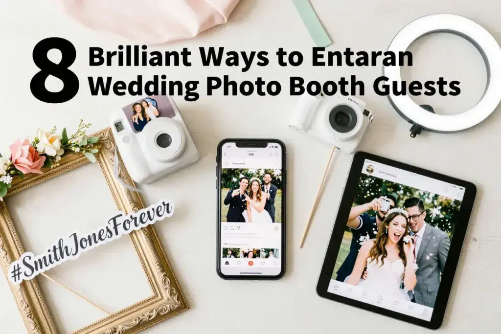 Aerial flatlay of modern wedding photo booth tech and props on light surface