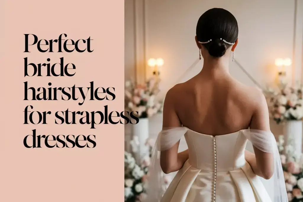Bride low chignon strapless dress elegant wedding setting backdrop