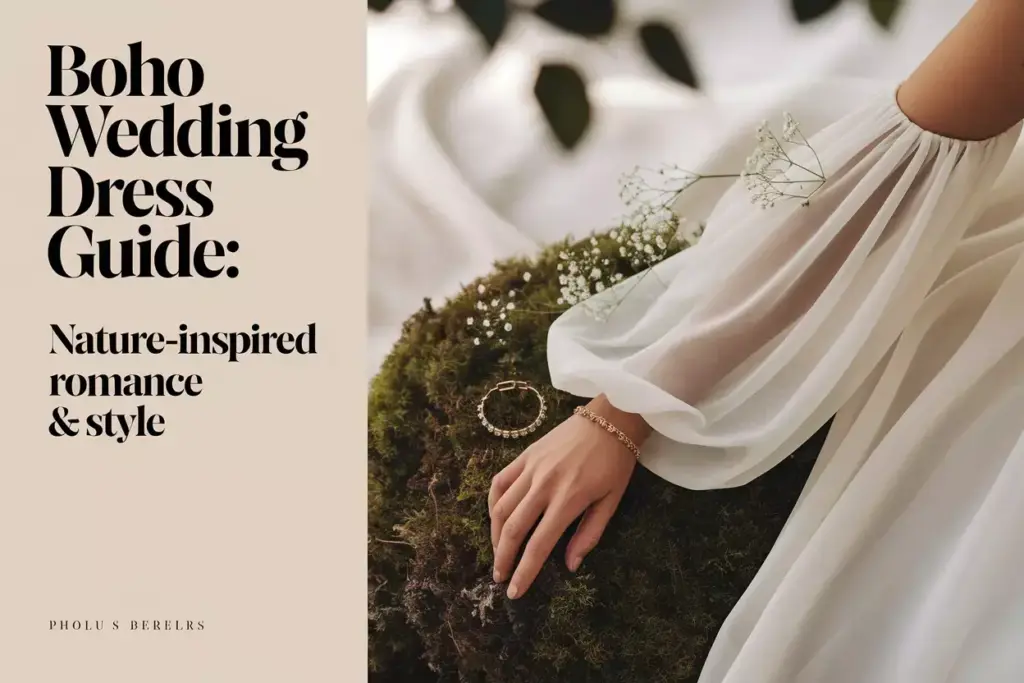 Close up boho wedding dress sleeve on moss with wildflowers and golden light