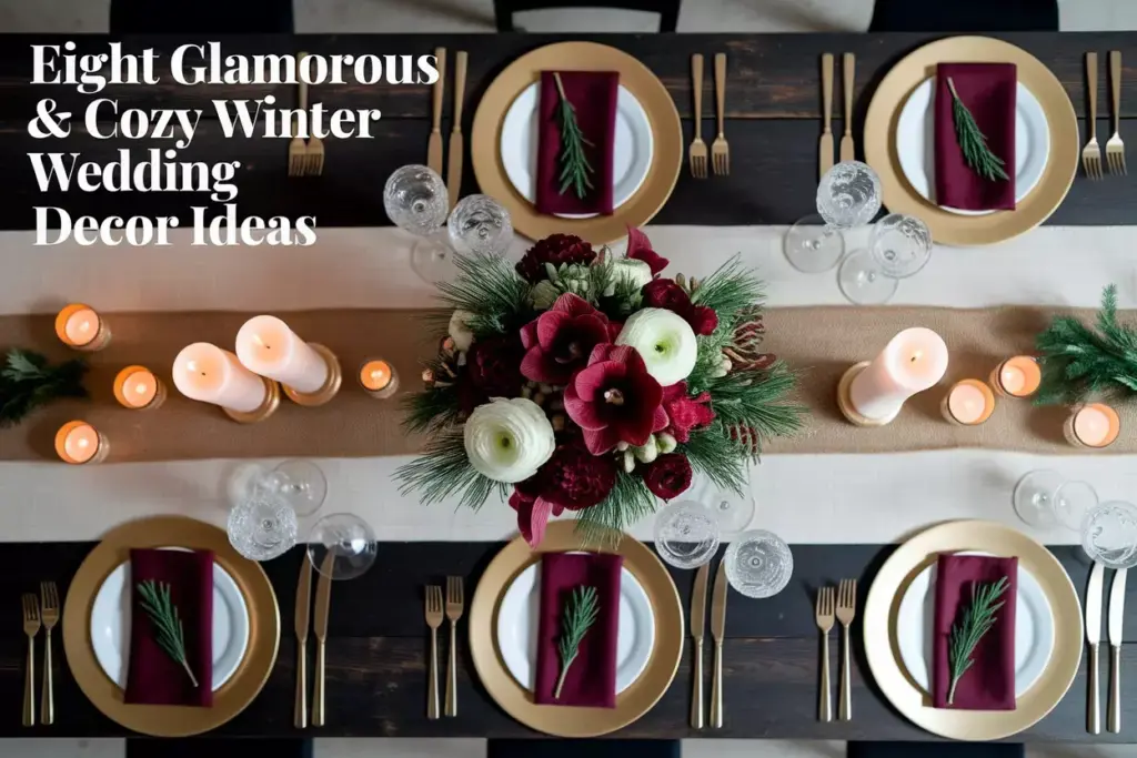 Overhead winter wedding table with candles greenery and gold accents