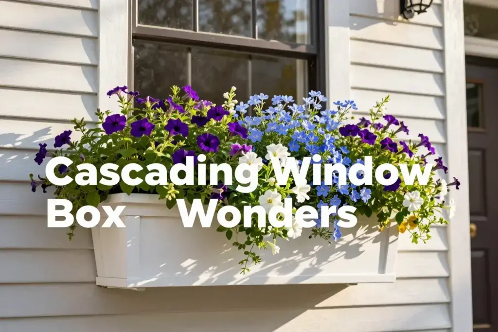 White window box with vibrant cascading purple petunia and blue lobelia display